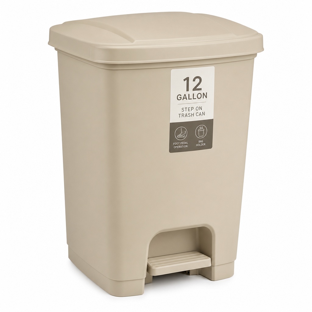 Garbage Bin 12 Gallon with Foot Step-on Pedal, Beige – Each