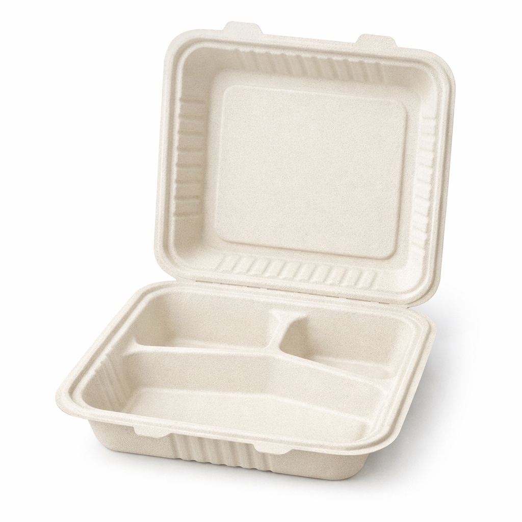 Hinged Fiber Sugarcane Container 8″x8″ 3 Comp. – Case of 200
